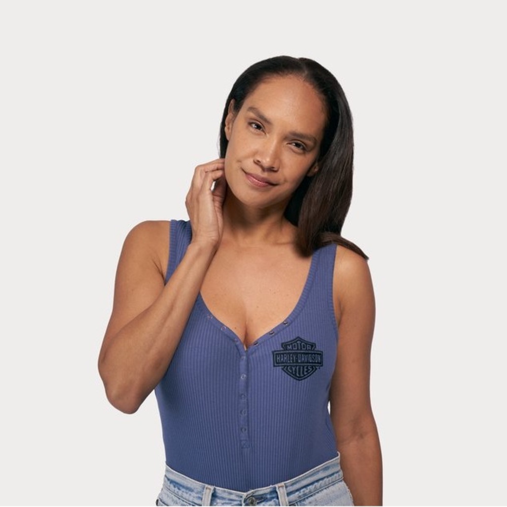 NWT Harley Davidson Women's Iron Bond Henley Bodysuit - Gray Blue, XL Ribbed